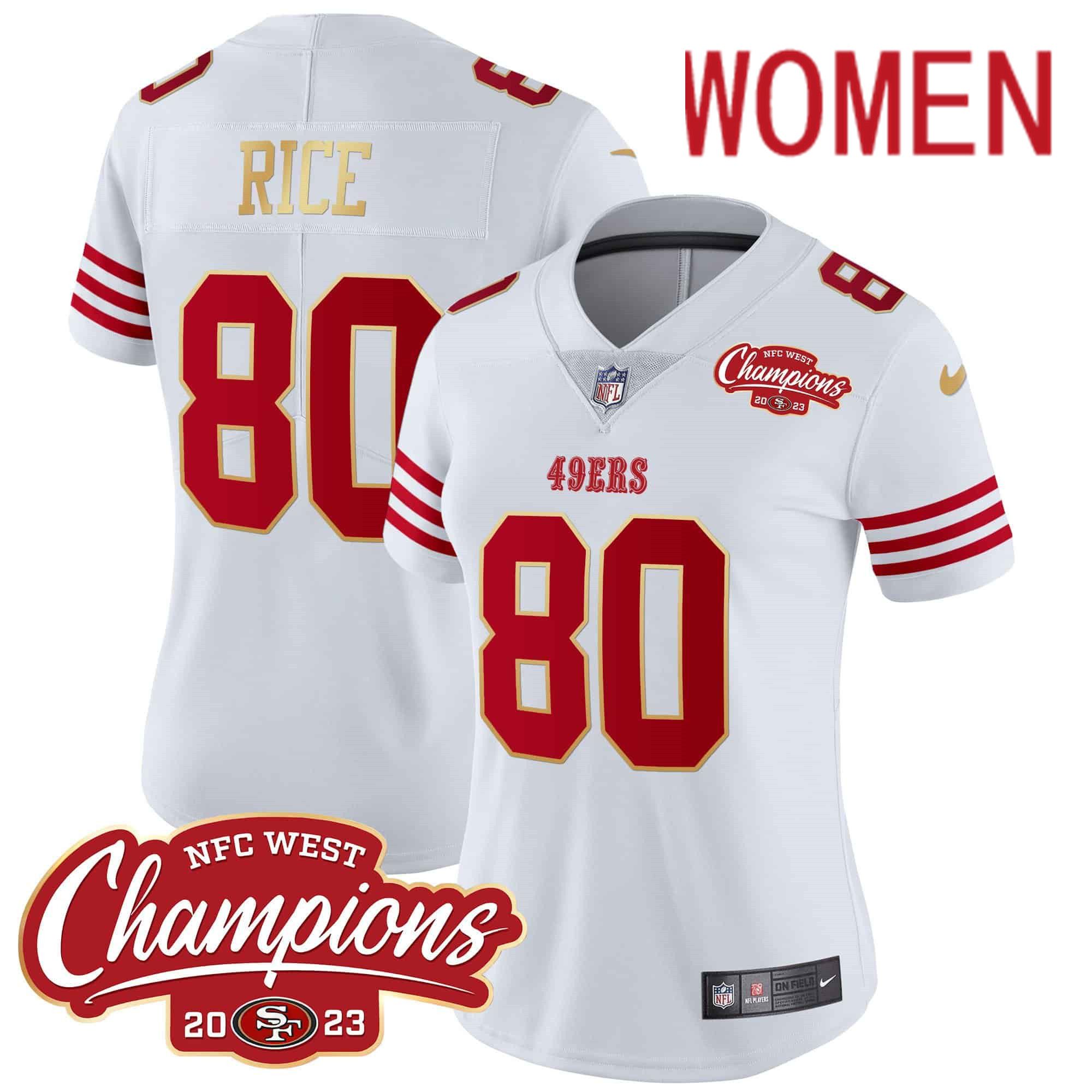 Women San Francisco 49ers 80 Rice White 2024 Nike NFC West Champions Gold Trim Vapor NFL Jersey